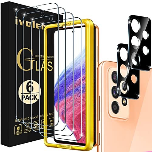 ivoler 4+2 Stück Schutz Glas für Samsung Galaxy A53 5G, 4 Stücke Schutzfolie Mit 2 Stück Kameraschutz und Positionierhilfe, 9H Härte, Anti-Kratz, Anti-Bläschen