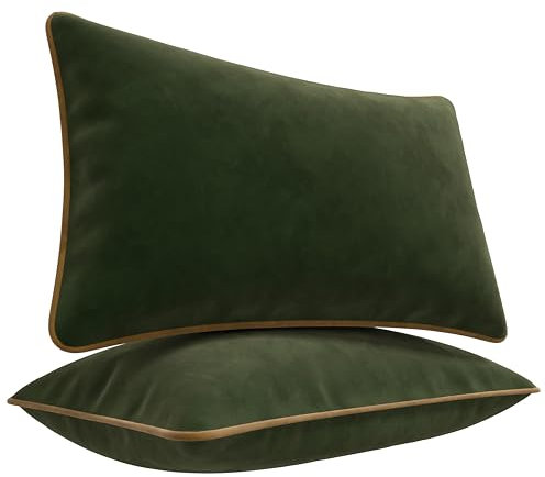 Blau Marité Kissenbezüge 30x50 cm – 2er Set aus weichem Samt – Dekokissen mit kontrastierendem Rand – Grün & Camel – Ohne Füllung