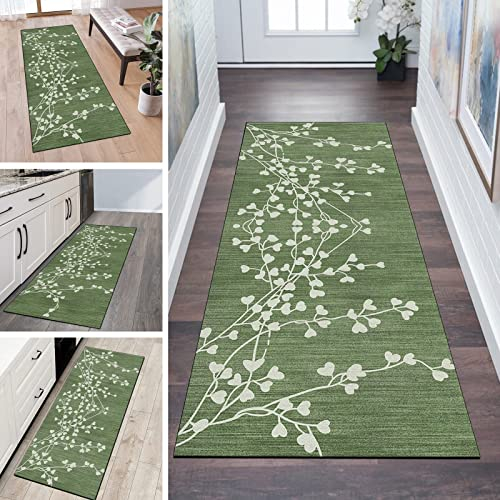 Teppichläufer rutschfest Meterware 40x150CM Grün Vintage Blatt Muster Dünner Waschbar Läufer Teppich Flur Schlafzimmer Korridor Küchenläufer Teppich Lang, Anpassbare Größe, 40-120cm Breit