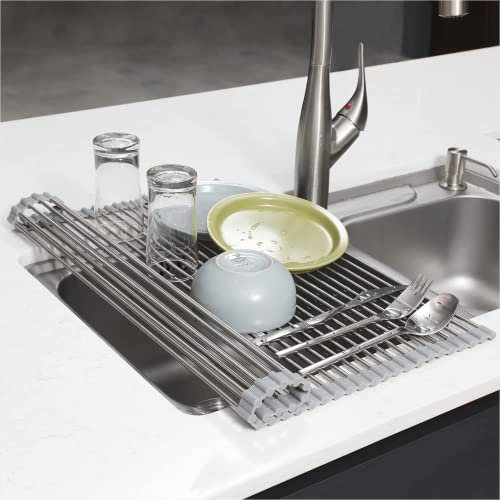 NCRGB Cestello Scolapiatti 47×40 cm, Tappetino in Acciaio Inox Resistente al Calore, Organizzatore Lavello Cucina, Griglia per Tazze, Frutta, Verdura - Grigio