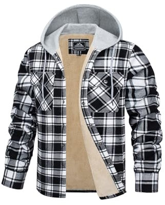 TACVASEN Herren Winter Holzfäller Hemdjacke Freizeitjacke Casual Hemden Kapuzen Warm Jacket Fleecejacke (L, Schwarz)