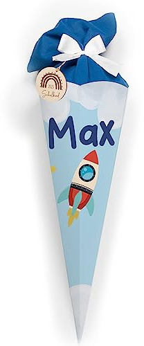 Kidsmood - Personalisierte Schultüte Mädchen & Jungen mit Schulkind Holzschild & Stoff | Zuckertüte Rohling, Schultüte Bastelset zur Einschulung 2025 Kinder | Einschulingsgeschenke mit Namen - Rakete