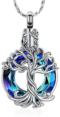 QGJNSGC Collar de urna de árbol de la vida para cenizas, círculo de la vida, medallón conmemorativo, colgante de ceniza de cristal para mujeres y niñas, joyería de recuerdo, Acero inoxidable