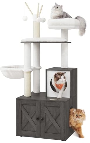 Feandrea Kratzbaum mit Katzenklo-Schrank, 151 cm hoch, 2-in-1 Katzenbaum, Schrank für Katzentoilette, mit Sisalstämmen, abnehmbaren Plüschbällen, nebelgrau PCT113G02