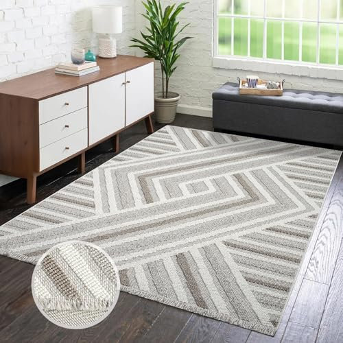 carpet city Teppich Kurzflor Wohnzimmer - Grau, Beige - 200x290 cm - Teppiche Fransen Boho-Style - Geo-Muster - Schlafzimmer, Esszimmer