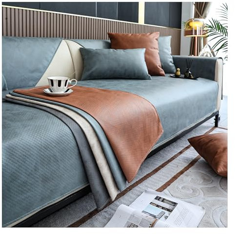 HonunG Sofa Überzug- für 1-4 Sitzer,Couch Überzug Kunstleder Sofaschoner rutschfest,Sofa Uberzug l Form Sofa Cover für Haushalte Sofa Überzug Ecksofa Sofaüberwurf (Grau Blau,70×180cm)