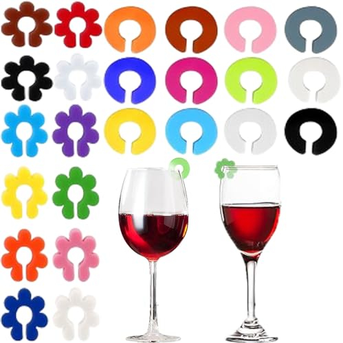 JCKD 24 pcs colored silicone wine glass markers, reusable cup markers, glass identifiers, suitable for daily life and gatherings, champagne glasses, cocktail glasses, water glasses, beverage markers