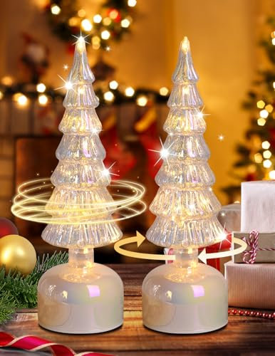 MJ PREMIER Glas Tischlampe Weihnachtsbaum, Rotierender Desktop-Weihnachtsbaum, Weihnachten Deko Lampe mit Flackerndes Lichter, Batterie batrieben Tischleuchte mit Timer, 2 er Set Weihnachtsbaum Silber