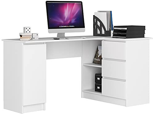 AKORD Eck-Schreibtisch B-20 mit 3 Schubladen, 2 Ablagen und einem Regalfach mit Tür | Schreibtisch | Eck Schreibtisch für Home Office | B155 x H77 x T85, 60 kg | Weiß