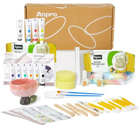 Anpro Kit d'argile séchée à l'air pour débutants, ensemble de céramique fait maison, kit de céramique avec ensemble de couleurs, peinture, 10 couleurs, pinceaux, éponge