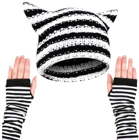 ZPSOSPZ Knitted Hat with Cat Ears, Cat Hat Beanie, Cat Beanie for Women Girl, Matching Hand Warmer Fingerless Gloves are Suitable for Girls to Keep Warm in Winter