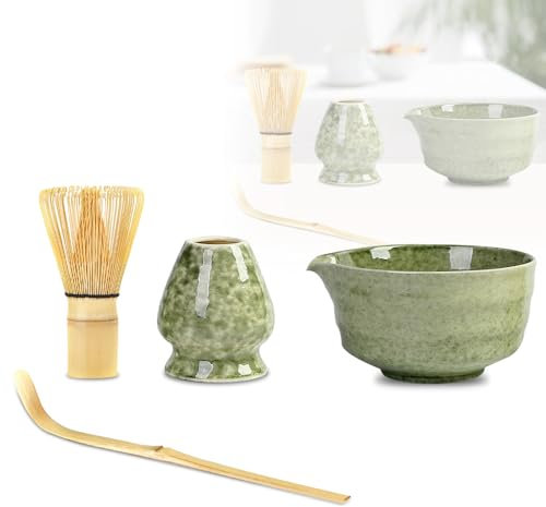 WDKXCN Matcha Set, 4pcs Matcha Whisk Set, Matcha Kit with Matcha Whisk, Matcha Bowl, Matcha Whisk Holder, Matcha Spoon, Matcha Making Kit for Matcha Tea Ceremony Lovers, Green