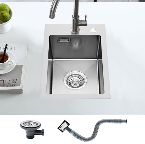 KEOKBON Fregadero de cocina rectangular Nano plateado de acero inoxidable, 30 x 45 cm, con 2 orificios para grifo, 1 lavabo con válvula de cesta y rebosadero, pequeño, rectangular, fregadero de cocina