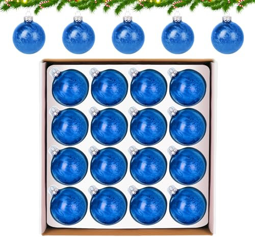 Hengsong Weihnachtskugeln Glas Blau,16er Christbaumkugeln Glas,Weihnachtskugeln Blau Set für Weihnachtsbaumschmuck&Christbaumschmuck&Christbaumkugeln,mit Federmotiv,6cm