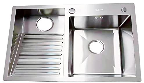 304 Edelstahl-Doppelwaschbecken mit Ablauf-Kits, 22 cm tief, Mehrzweckspüle für Waschraum, Balkon, Geschäft, integriertes Waschbrett, Silber (90 cm links)
