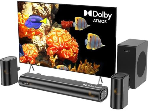 Hiwill Soundbar TV con Dolby Atmos, Sound Bar 300W su 4.1 Canali con Subwoofer, 2 Altoparlanti Surround Anteriori Cablati, Home Theater 3D, HDMI eARC/Bluetooth 5.3/Ottico/AUX, HiElite A41