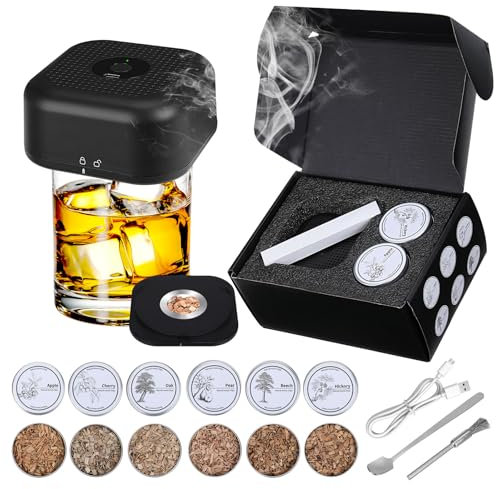 Gkstly Electric Cocktail Smoker Kit with 6 Flavors Wood Chips Rechargeable Flame Free Whiskey Smoker Kit, Built in Lighter No Butane Needed, Birthday Gifts for Man, Husband, Dad