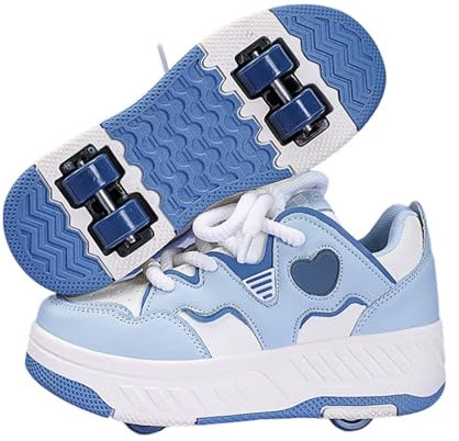 Surwin Schuhe mit Rollen Kinder Mädchen Jungen, Liebesherz Stil Turnschuhe mit 4 Rollen Schnüren Design Rollschuhe Schuhe Skateboardschuhe Roller Skate Shoes Rollschuhe Sneaker (Blau,30)