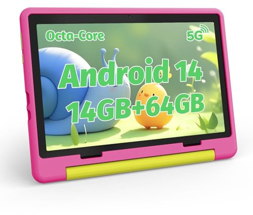 Hakaug 10 Inch Kids Android 14 Tablet with Protective Case - Octa-Core Processor, 14GB RAM, 64GB ROM + 1TB Expandable, 5MP+8MP, 5000mAh, Parental Control, 5G WiFi, BT 5.3, Pink