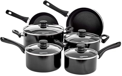 Amazon Basics 6-teiliges Keramik-Antihaft-Kochgeschirrset mit Deckeln, Aluminium, Induktionsgeeignet, Ofenfest bis 150°C, Spülmaschinenfest