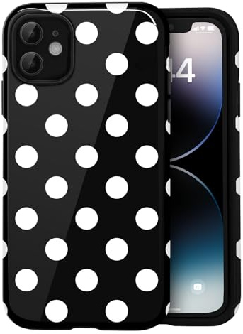 Amzfield Case for iPhone 12/12 Pro, Big Polka Dot Dual Layer Retro, Black | Big Polka Dot Dotted Dual Layer Shockproof Retro Cute Girly for Girl Women Drop Protection Precise Cutouts Soft Touch Stylish