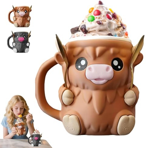 Ohphnt highland cow ice cream holder,3d Highland Cow Ice Cream Pint Holde,highland Cow Eiscreme-pint-halter,With Antifreeze Handle And Spoon,Leak Proof Beer Can Cup Home Decor For Freezer Soda-A