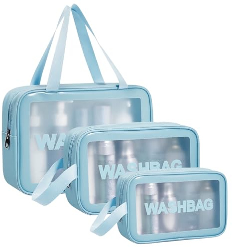 Aucuu 3PCS Bolsas Neceser Transparente, Neceser de Aseo Transparente, Bolsa de Cosméticos Impermeable con Cremallera, Viaje,Vuelo-Azul