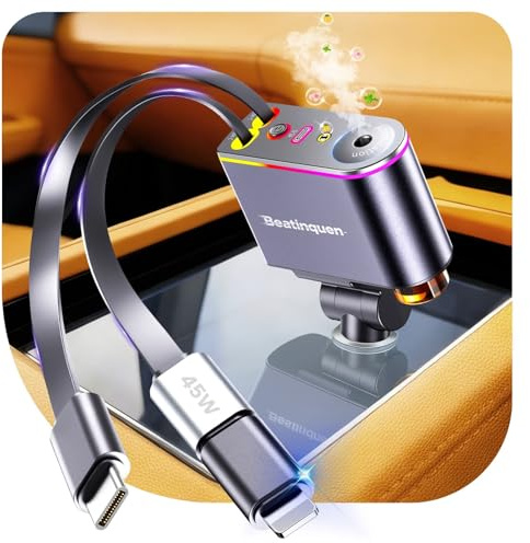 5 in 1 Retractable Car Charger USB C, Car Phone Charger for Dual Cables | 66W Fast Car Charger Retractable, Smart Car Air Freshener Diffuser, Multiple Cords Type-C Phone Charger for Car