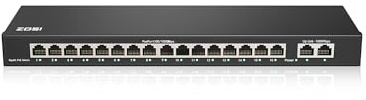 ZOSI 16 Porte PoE Switch Switch Gigabit con 2 Porte Uplink Gigabit, 156W per 16 Porte PoE+, IEEE802.3af/at, Switch Ethernet non Gestito, Plug & Play, Alloggiamento in Metallo Robusto