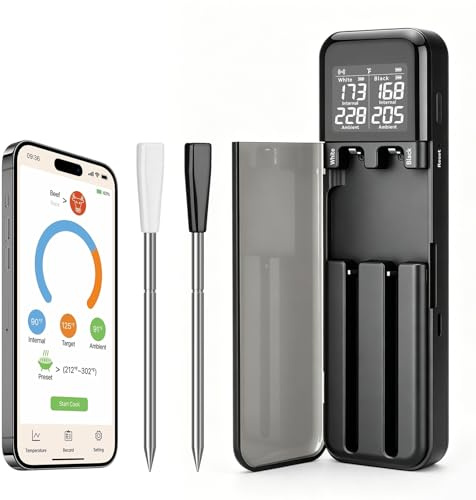 Meat Thermometer, Maypott Digital Wireless Bluetooth Dual-Probe Food Thermometer for Cooking with Smart App - 100m Remote Range, Dual Monitoring for Food & Oven/BBQ up to 300°C (572°F), Magnetic