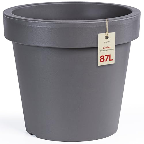 KONZEPT Blumentopf 58 cm Durchmesser, H 52 cm – Pflanzkübel groß außen 87 L in konischer Form, Robuster, Stabiler Übertopf aus Kunststoff, UV- & frostbeständig, für Innen & Außen, Grau