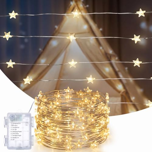 WEGRASY Star String Lights Battery Operated, 40ft/12M 120 LED 8 Modes | LED Mini Star Fairy Lights Warm White, for Indoor Garden Bedroom Decoration Birthday Party Wedding, Battery Not Included