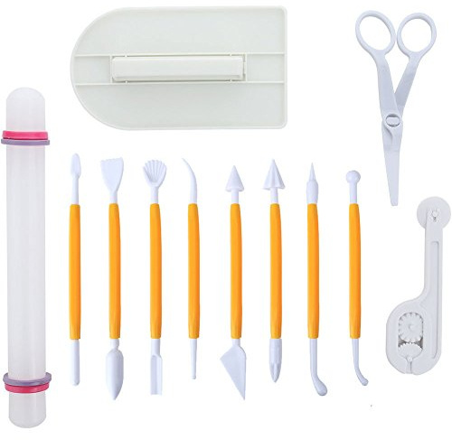 Scivokaval Fondant Décoration de gâteaux Outil à Main Définit, Fluide glaçage gâteaux Emporte-pièces Moule à embosser Fleur Ciseaux kit d'accessoires de modelage Taille M 12 Pcs, Yellow