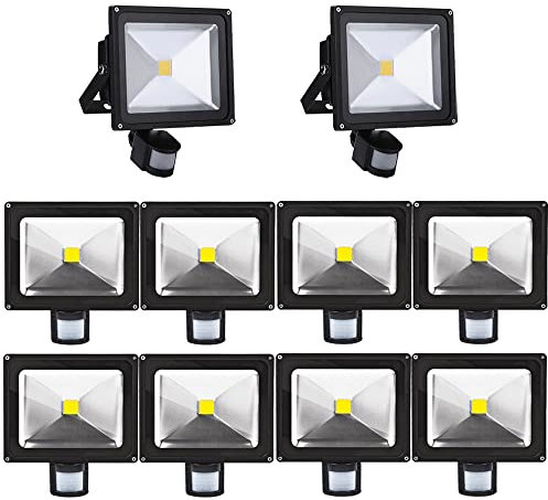 10pcs 30W Foco LED con Sensor Movimiento,ALPHA DIMA Foco Proyector con Iluminación LED y PIR Sensor de Movimiento(30 Watts,Blanco Cálido),Resistente al Agua IP65,Iluminación de Exterior y Seguridad
