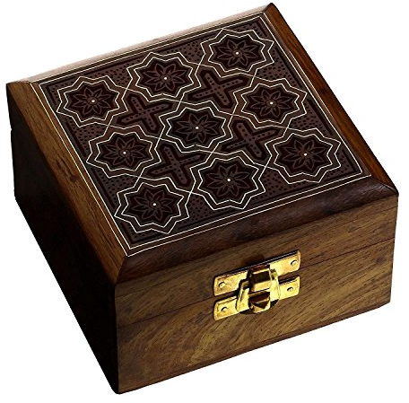 Hashcart Indian Artisan, handgefertigte und handgefertigte Schmuckschatulle aus Holz mit traditionellem Design und Messing-Inlay-Arbeiten