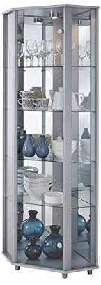 LOCKABLE Home Silver Corner Glass Display Cabinet, 7 Glass Shelves, Mirror Back, Spotlight