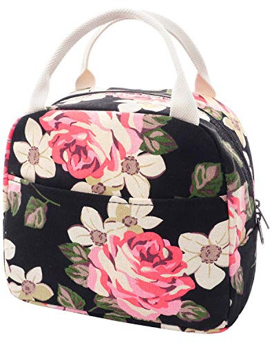 EurCross School Work Lunch Bag for Women Girls, Floral Canvas Compact Lunch Tote Bag Upgraded Lunch Box Bag for College Teens