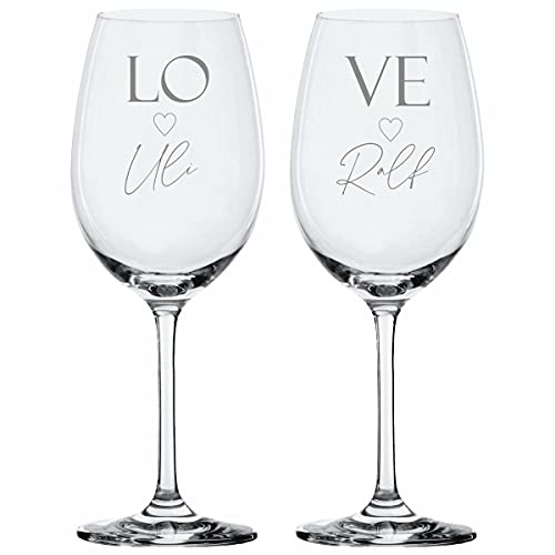 KT-Schmuckdesign Weingläser Leonardo Set - Love mit Wunschtext - Valentinstag Geschenkidee Pärchen Jahrestag Liebe Rotwein Weißwein Wunschgravur, Glas schnell lieferbar