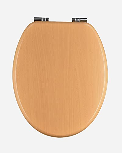 Asiento de inodoro universal de MDF revestido de haya, color haya, con bisagras de cierre amortiguado.