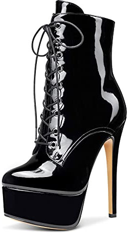 Castamere Donna Plateau Stivali alla Caviglia Cerniera Lacci Boots Tacco a Spillo 15CM High Heels Nero Pelle Verniciata Scarpe EU 45