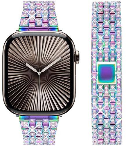DEALELE Strap Compatible with iWatch 38mm 40mm 41mm, Rhinestone Diamond Metal Replacement Bands for Apple Watch Series 8/7 / 6/5 / 4/3 / SE Women Men, Rainbow, 38/40/41mm