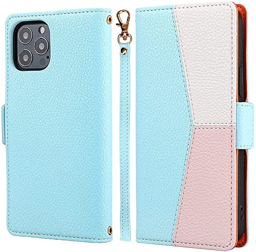 ZCDAYE Phone Case for iPhone 11 Wallet Case with Card Slots Wrist Strap, Folio Flip Leather Cover for iPhone 11 - Splicing Blue