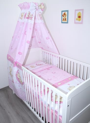 Primawela Baby Bettset Bettwäsche mit Himmel Vollstoff - Bärchen Rosa - Bettausstattung Set (4 teilig)
