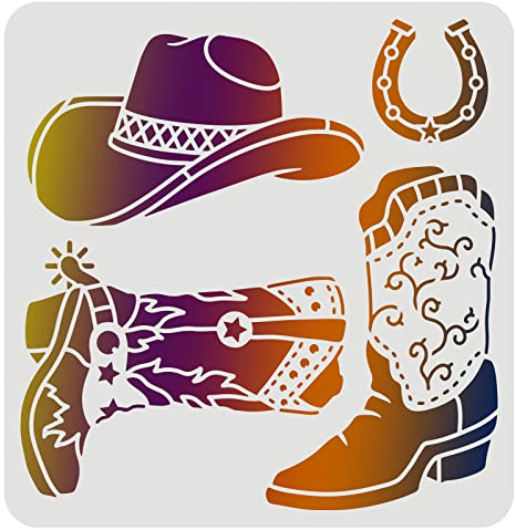 FINGERINSPIRE Cowboystiefel und Hut Schablone 30x30cm Wiederverwendbare Cowboy Schablonen Western Cowboy Schablonen zum Malen auf Holz, Fliesen, Papier, Stoff, Boden und Wand