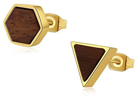 Ohrringe Holz in Gold Edelstahl Holzohrringe Damen Ohrstecker Geometrisch Hexagon Dreieck Durchmesser 8mm Geschenke Zum 30 Geburtstag Frau