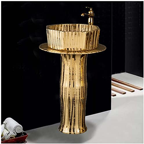 EXTLEZSA Säulen-Waschplatz Waschbecken in Gold Handpoliert Standwaschbecken, Durchmesser 40 cm | Höhe 82 cm, Waschtisch ohne Überlauf für drinnen und draußen (Gold,Ohne Spiegel)