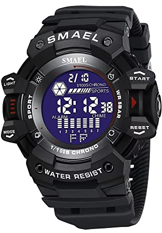 SMAEL Digitale Herren-Sportuhr, großes Zifferblatt, wasserdicht, Militär-Uhren für Herren mit LED-Datumsanzeige, Stoppuhr, einfache Herren-Armbanduhr, 8050 Schwarz 1, Large Face