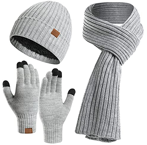 Kunyeah Mütze Schal Handschuhe Set Warm StrickmüTze Hut Lang Schal Touchscreen Handschuh Winter Accessoires für Herren Damen…