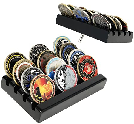 DecoWoodo Challenge Münzhalter, Vitrine, 4 Reihen, Massivholz, Militär-Münzständer, kleiner Armee-Münzständer, für 12 Münzen, schwarzes Finish