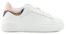 Armani Exchange Smooth Leather, Gold Detail, Circular Logo, Scarpe da Ginnastica Donna, White Blue Rose, 36 EU